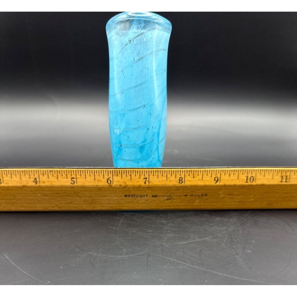 Vintage 1993 Rod Sounik Hand Blown Art Glass Vase Blue Swirl Signed #18  5in H - Picture 10 of 10